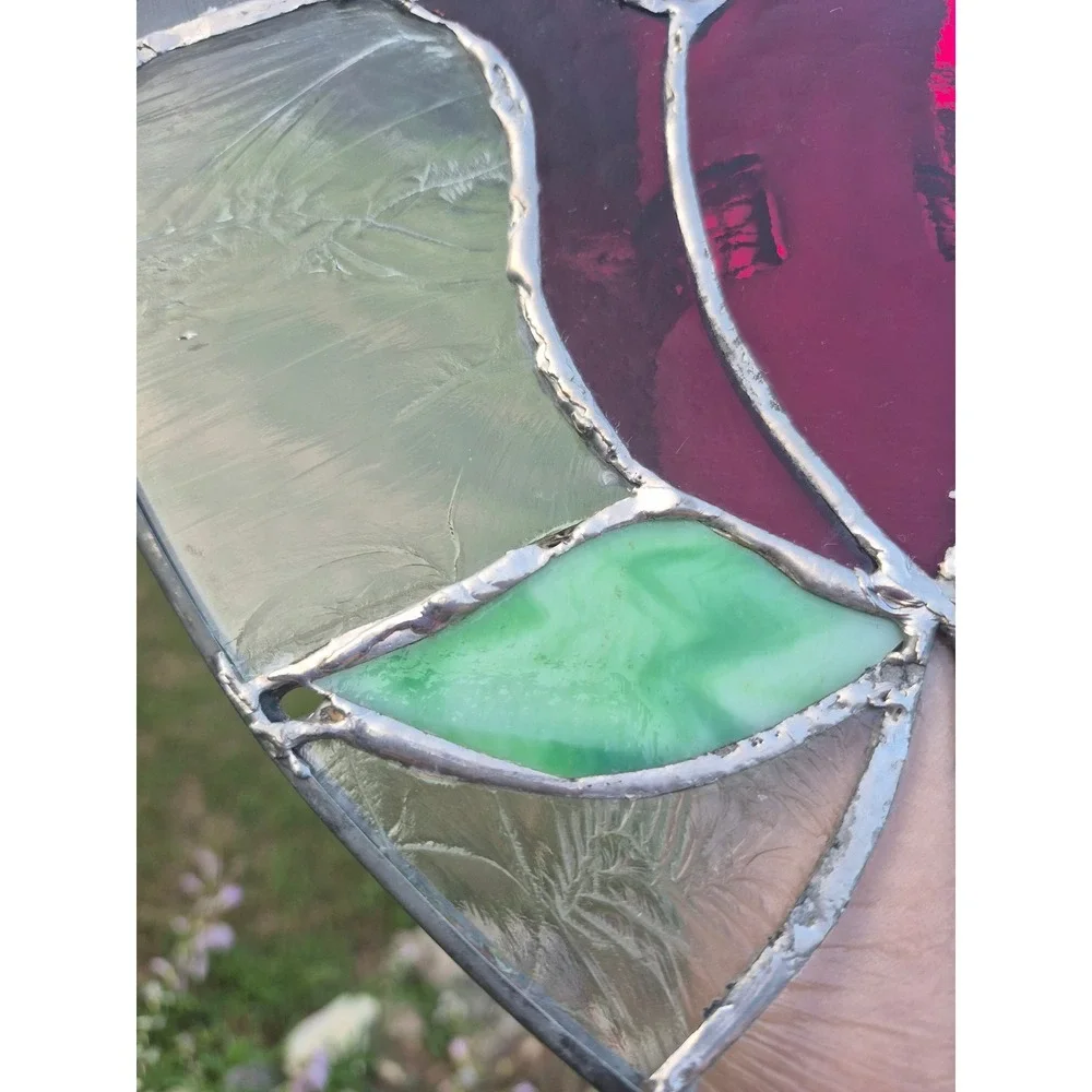 Vintage Handmade Stained Glass Heart Tulip Suncatcher Window Hanging Floral Art